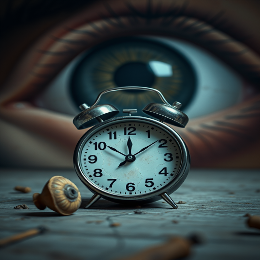 Create a surreal scene featuring a vintage alarm clock with cracked surfaces and a large, expressive eye in the background, using a Canon EOS R5 with a 50mm lens at f/1.8, ISO 100, and a shallow depth of field to enhance focus on the foreground elements, shot from a low angle to create a dramatic perspective.