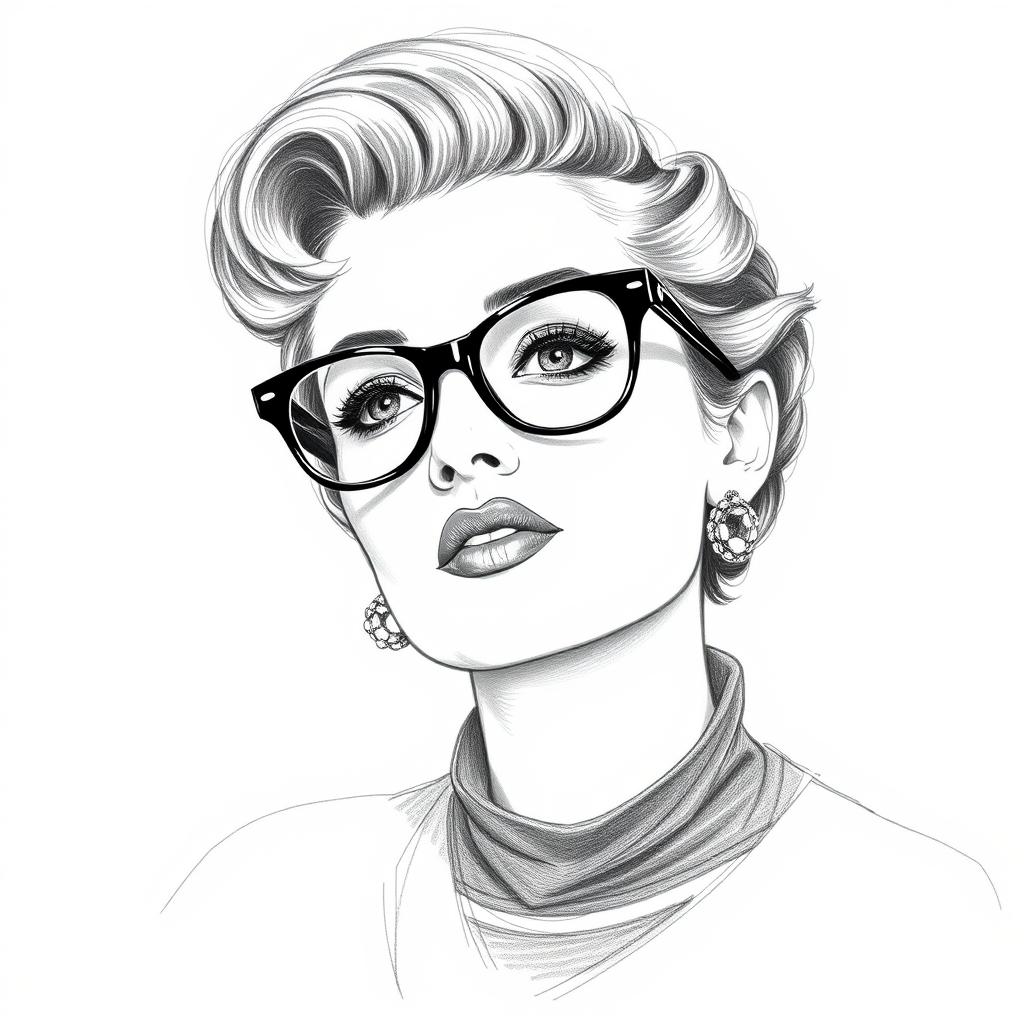 Beautiful Bette Davis, pencil sketch, portrait of beautiful woman 60s in glasses, hair style beatnik, outline, clear lines, fine lines, 8k