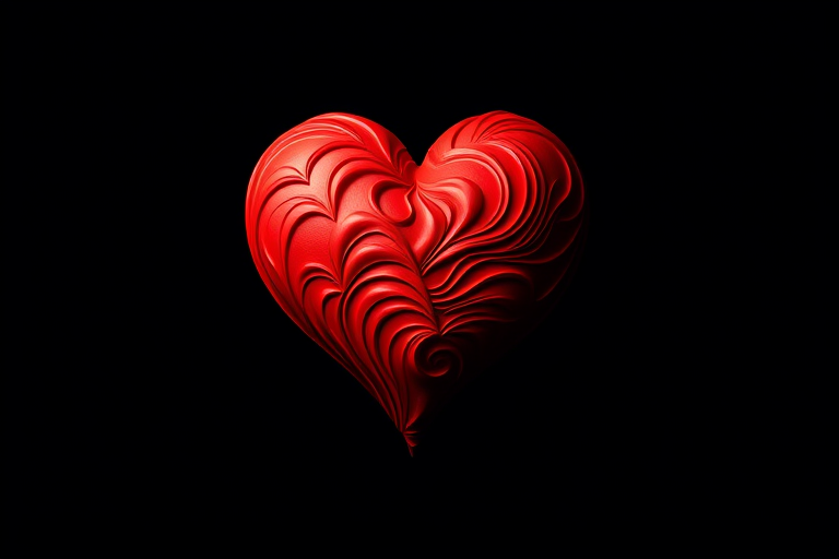 Create a vibrant red heart filled with swirling lines on a solid black background, captured with a DSLR camera at f/2.8 aperture, ISO 100, 1/60 shutter speed, in macro view using a standard lens to enhance details and sharpness.