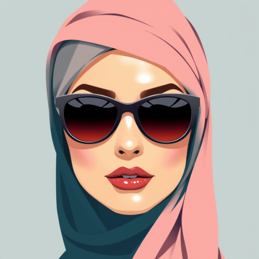 portrait of a glamorous woman with sunglasses and a headscarf, flat vector style, soft pastel colors, high-resolution, 50mm lens, f/1.8 aperture, natural light, centered composition, digital illustration, DSLR camera