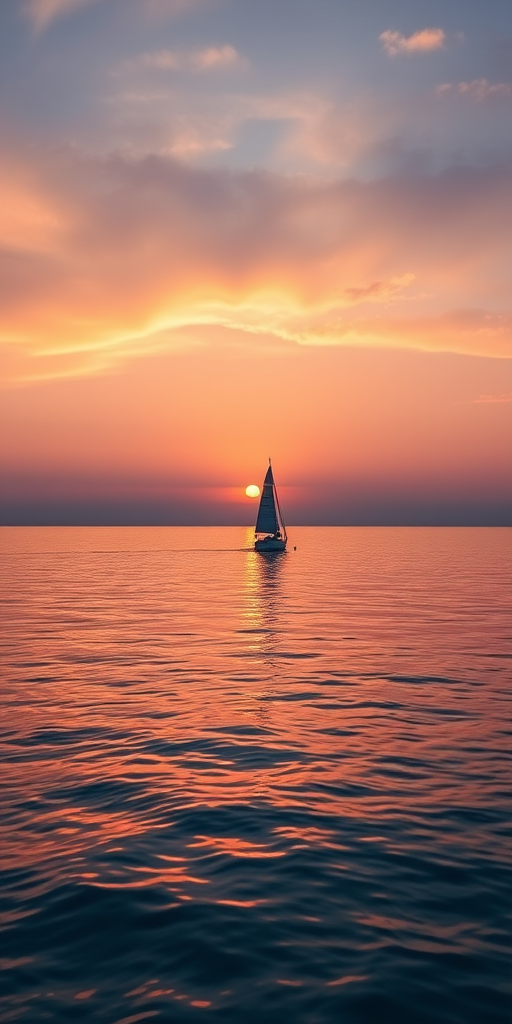 capture a serene seascape at sunset with a single sailboat on calm waters creating reflections, ISO 100, f/11, 1/60s, wide-angle lens, landscape view, DSLR camera