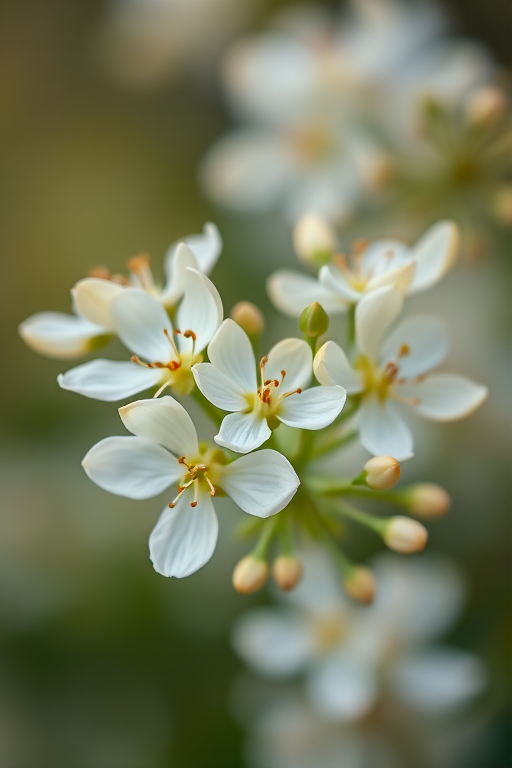 close-up of delicate white flowers with buds in a soft-focus background, 50mm lens, f/2.8 aperture, ISO 100, natural light, DSLR camera