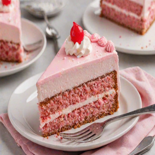 Create an image of a slice of layered cake on a white plate. The cake is decorated with pink frosting, small white whipped cream dollops, and a sprinkle of red toppings. Include a shiny spoon next to the plate. The background should be neutral and simple to emphasize the cake.