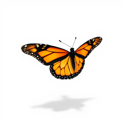 Generate an image of a monarch butterfly with vibrant orange and black wings, positioned in mid-flight against a plain white background, casting a subtle shadow beneath it.