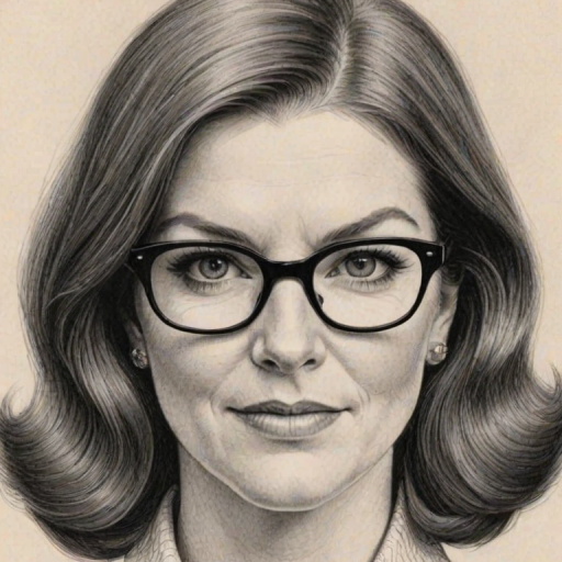Magnificent Kate Flannery, pencil sketch, portrait of Enticing woman 1967s in glasses, hair style beatnik, outline, clear lines, fine lines, 8k