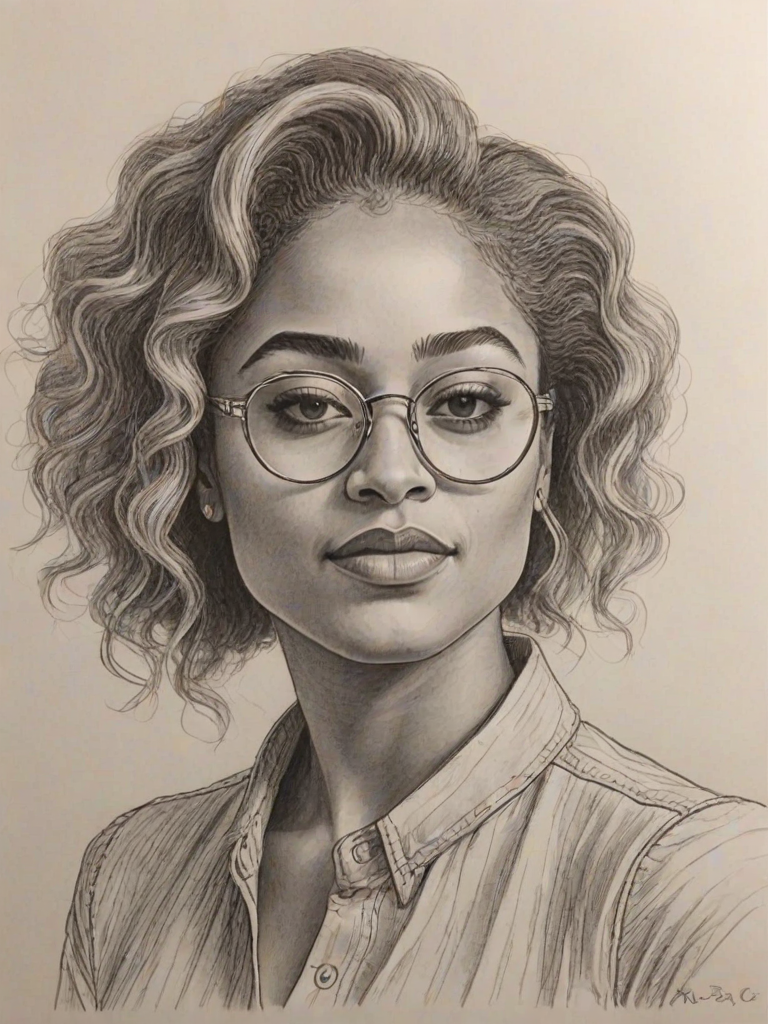 Pleasing Amanda Seales, pencil sketch, portrait of Graceful woman 1970s in glasses, hair style beatnik, outline, clear lines, fine lines, 8k