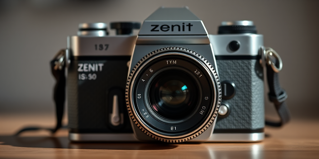 Capture a high-resolution image of a classic Zenit camera from a front view, using a 50mm lens at f/2.8, ISO 100, and a shutter speed of 1/125 sec, in natural light for enhanced clarity and detail.