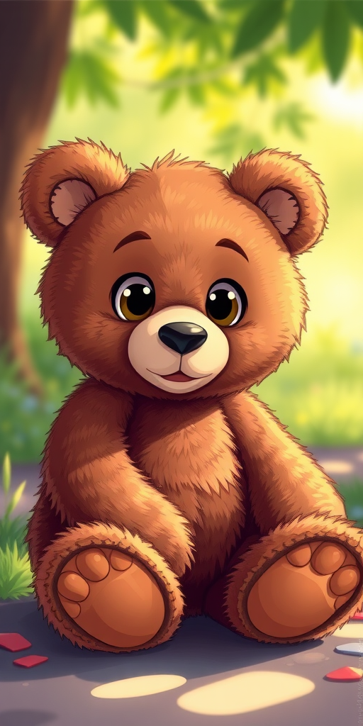 Create a vibrant illustration of a brown teddy bear sitting down with large eyes, using a 50mm lens, f/2.8 aperture, ISO 100, soft natural lighting, perspective view, digital illustration style.