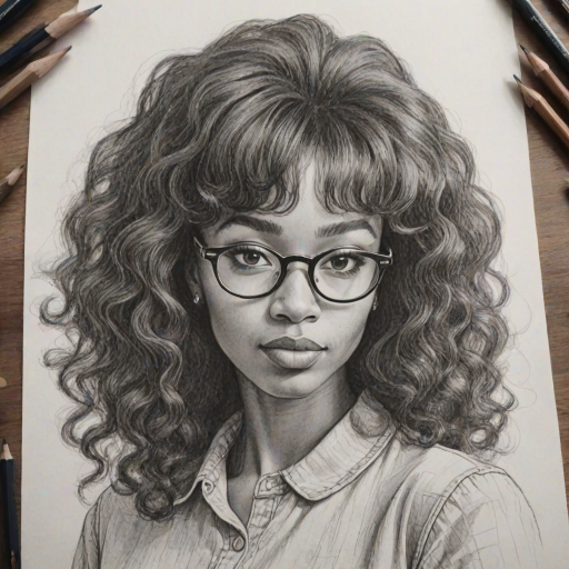 Splendid SZA, pencil sketch, portrait of Superb woman 1962s in glasses, hair style beatnik, outline, clear lines, fine lines, 8k