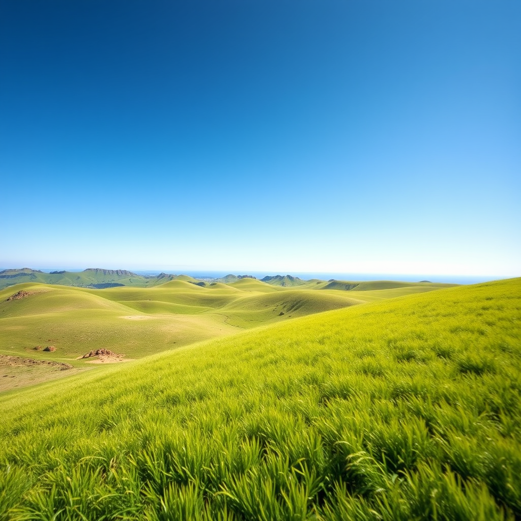 Generate a high-quality image of a serene landscape with rolling hills, a clear blue sky, and vibrant green grass, captured with a DSLR camera, 50mm lens, f/1.8 aperture, ISO 100, 1/200 second shutter speed, natural lighting, wide-angle perspective.