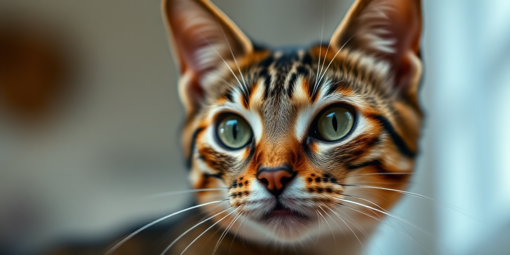 A close-up shot of a tabby cat with sharp focus, soft background bokeh, natural light, taken with a DSLR camera, 50mm lens, f/1.8 aperture, ISO 200, 1/200 sec shutter speed.
