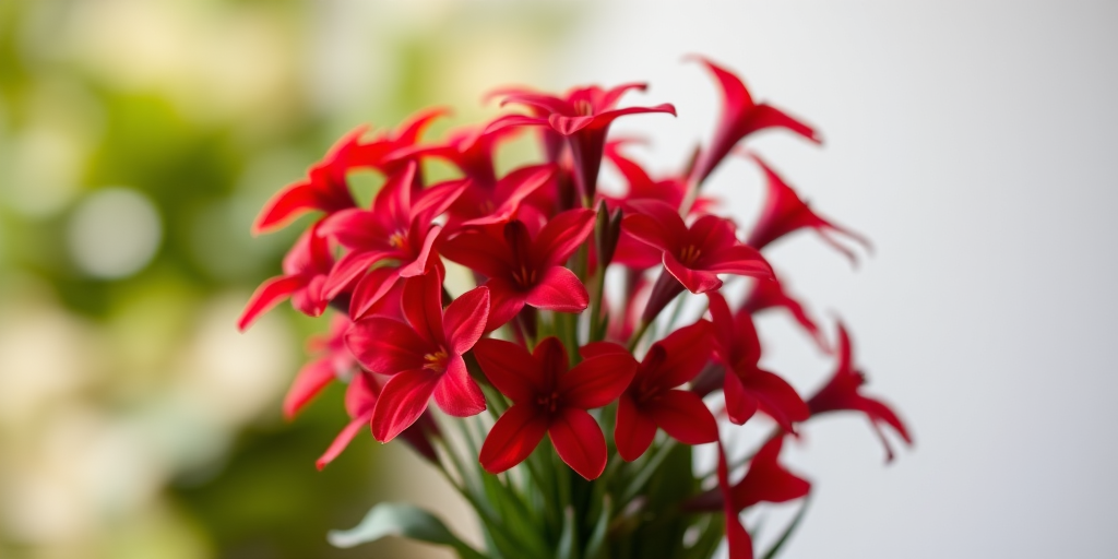A close-up shot of a vibrant bouquet of red flowers against a blurred background, taken with a Canon EOS 5D Mark IV using a 100mm f/2.8 macro lens, at an aperture of f/4, ISO 200, to enhance clarity and detail.
