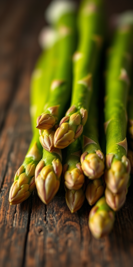 Close-up of fresh asparagus spears on a rustic wooden table, using a macro lens, aperture f/2.8, shutter speed 1/100 sec, ISO 100, natural light.
