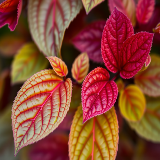 macro shot of vibrant green and dark red leaves with intricate textures, shallow depth of field, natural lighting, f/2.8 aperture, 100mm lens, ISO 200, captured with a DSLR camera, focus on leaf details.