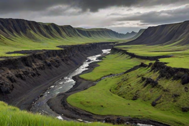 regenerate an image of a vast, rugged landscape with a winding river surrounded by lush green grass and dark volcanic rock under a cloudy sky