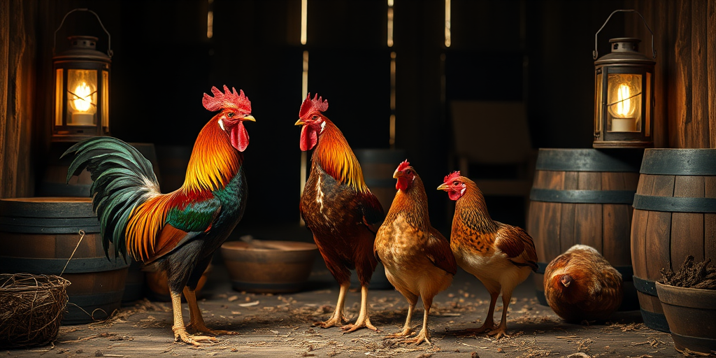 Create a rustic still-life scene featuring two vibrant roosters and a hen in a dimly lit barn, surrounded by vintage lanterns and wooden barrels, using a Canon EOS R5 camera with a 50mm lens, aperture set to f/1.8 for shallow depth of field, ISO 200, and a warm color temperature to enhance the cozy atmosphere.