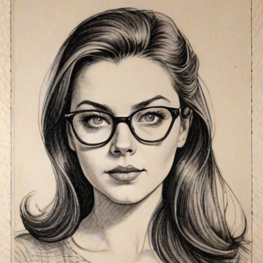Appealing Amy Lee, pencil sketch, portrait of Beauteous woman 1955s in glasses, hair style beatnik, outline, clear lines, fine lines, 8k
