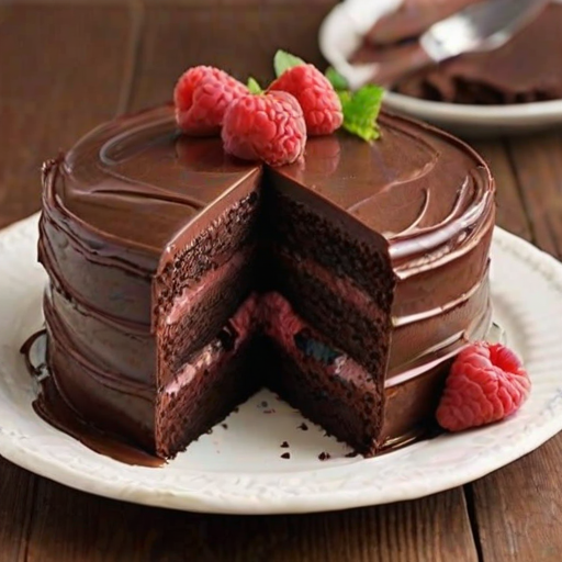 Create an image of a decadent chocolate layer cake with rich chocolate frosting, featuring layers of raspberry filling. The cake should be garnished with fresh raspberries and a sprig of mint on top, and the slice should be displayed on a rustic wooden table with a soft, blurred background.