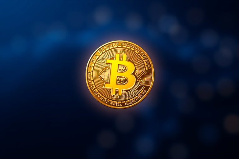 Generate a digital illustration of a glowing gold Bitcoin coin in the center with a deep blue gradient background, soft bokeh highlights in the background, shot with a Canon EOS 5D Mark IV, 50mm lens, aperture f/1.8, ISO 100, 1/200s shutter speed for enhanced detail and depth.