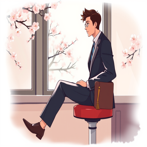 Illustration of a man in a suit sitting on a bar stool by a window with cherry blossoms, natural light, soft focus, captured with a 50mm lens at f/1.8, slight vignette effect, in a modern digital art style.