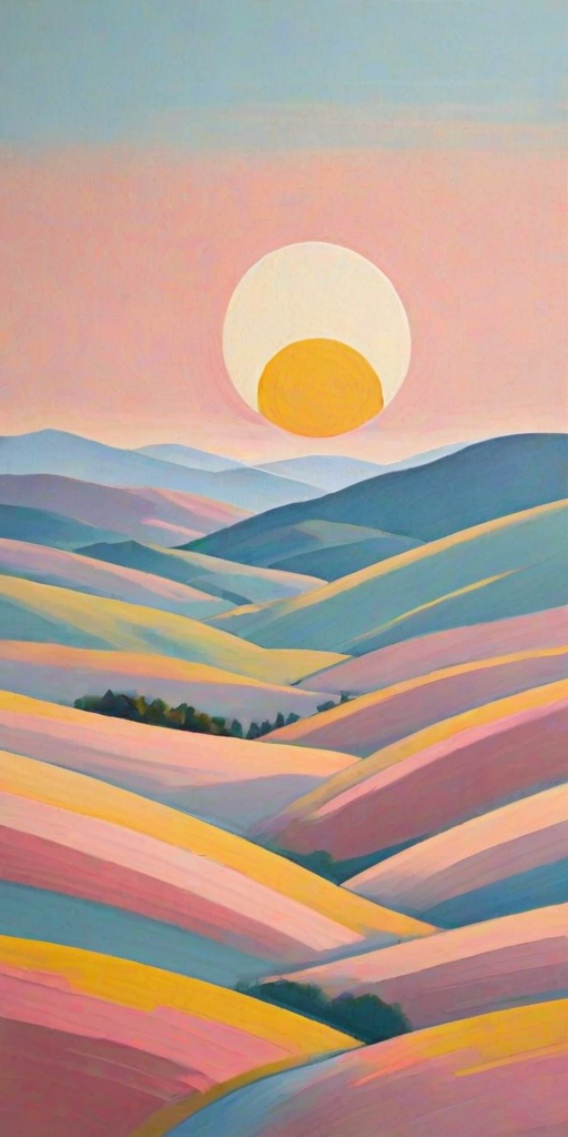 create a minimalist abstract landscape with soft pastel colors, featuring rolling hills in shades of pink and a large yellow sun in a light blue sky