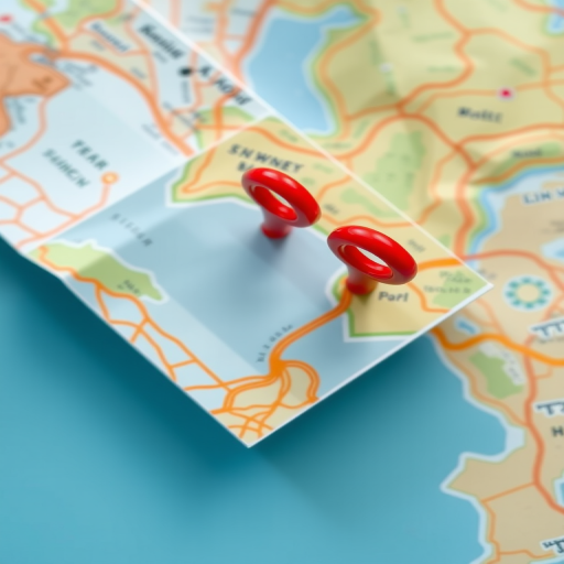 Create a high-resolution image of a folded map with bright colors and two red location markers, using a DSLR camera with a 50mm lens, aperture set to f/2.8, ISO 100, shot from an overhead view in natural light to enhance detail and clarity.