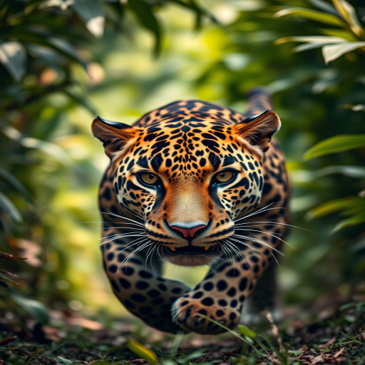 capture a close-up of a jaguar running through a lush jungle, focus on its intense gaze and detailed fur, use a shallow depth of field at f/2.8, ISO 200, shutter speed 1/1000s, with a 24-70mm lens, positioned at eye level for dramatic impact, natural lighting to enhance the vibrant colors