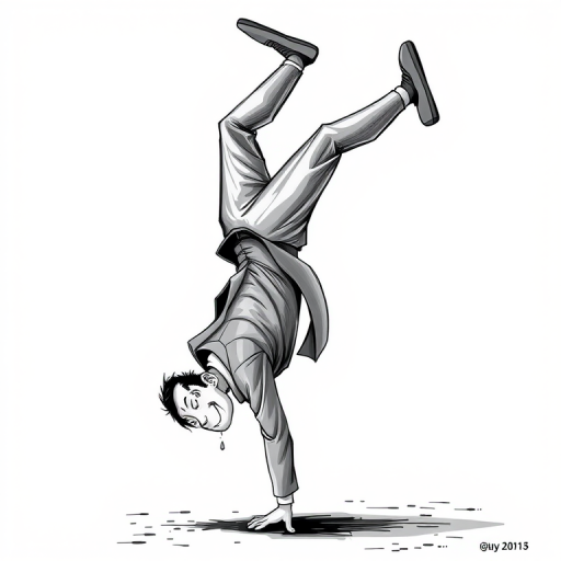 Create a black and white illustration of a character in a suit performing a handstand, with exaggerated features and a surreal style, shot with a DSLR camera at 50mm, f/2.8 aperture, ISO 100, natural lighting, and a shallow depth of field for enhanced focus on the character.