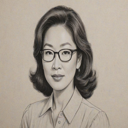 Graceful Connie Chung, pencil sketch, portrait of Attractive woman 1944s in glasses, hair style beatnik, outline, clear lines, fine lines, 8k