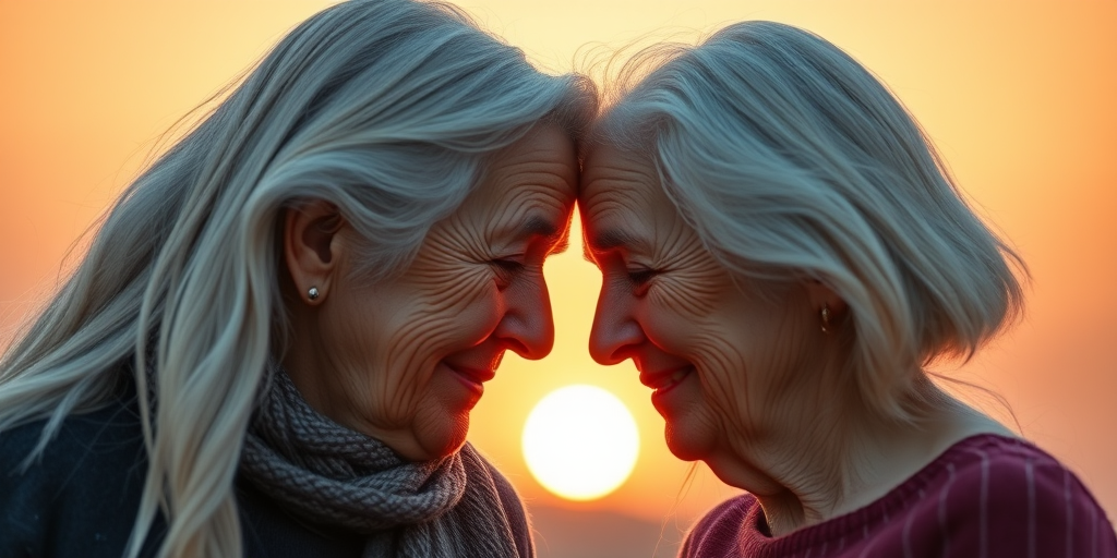 Create a hyper-realistic digital artwork of two elderly women with long white hair touching foreheads in a warm sunset background, use a Canon EOS R5 camera with a 50mm lens, aperture set to f/1.8, shutter speed 1/200 sec, ISO 100, soft lighting for enhanced depth and detail.