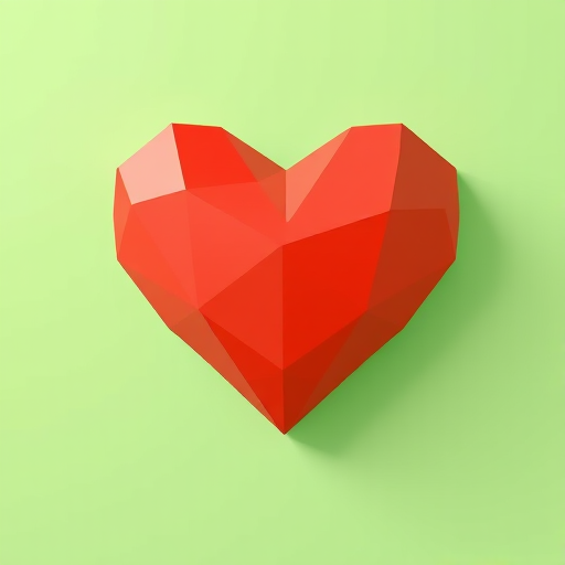 Generate a low-poly heart in vibrant red color centered on a soft green polygonal background, using a Canon EOS 5D Mark IV, f/4 aperture, ISO 100, 50mm lens, in a bright and airy style.