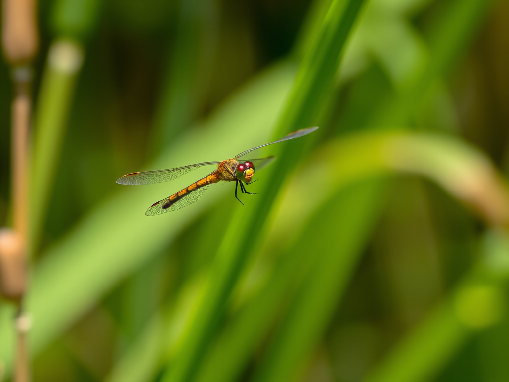 Capture a close-up shot of a dragonfly in flight, focusing on its intricate details and vibrant colors against a blurred background of green reeds, using a DSLR camera, 85mm lens, aperture f/4, shutter speed 1/1000s, ISO 200, in natural light to enhance clarity and depth.