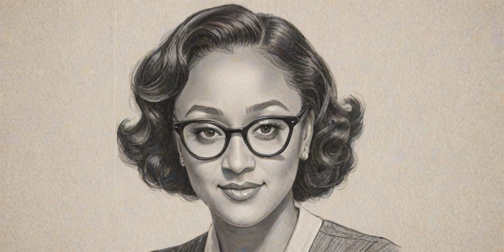 Splendid Tamera Mowry-Housley, pencil sketch, portrait of Gorgeous woman 1940s in glasses, hair style beatnik, outline, clear lines, fine lines, 8k