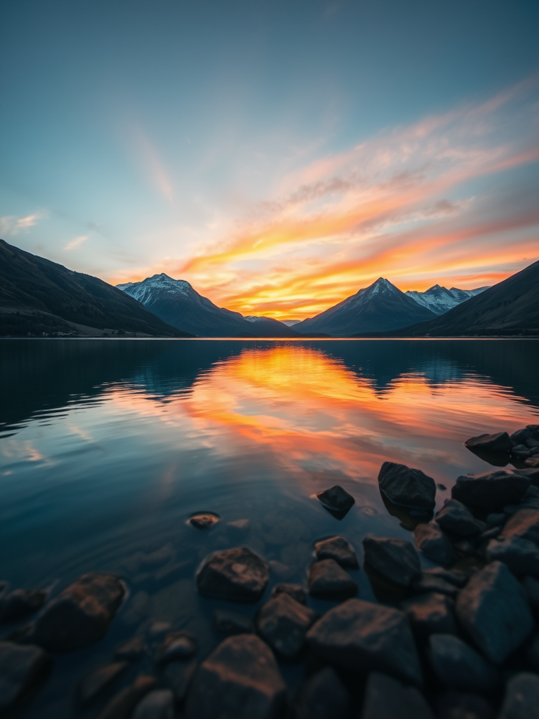 Generate a high-quality image of a tranquil lake surrounded by mountains at sunset, with vibrant reflective colors on the water, using a DSLR camera with a 50mm lens, aperture set to f/2.8, shutter speed at 1/125s, ISO 100, taken from a low angle for depth, with a soft focus effect.