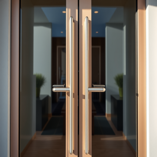Generate a high-quality image of a modern double glass door with sleek silver handles, shot with a Canon EOS R5 at f/2.8, ISO 100, 1/250 sec, using a wide-angle lens to capture details, in bright natural lighting for clarity and contrast.