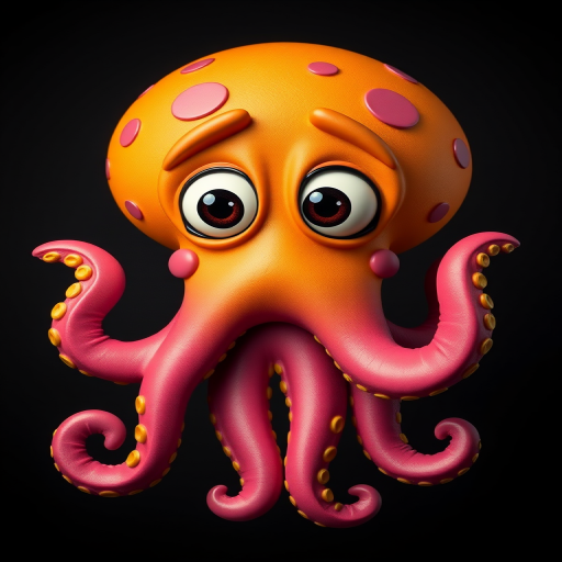 Create a cartoonish octopus character with vibrant colors, large expressive eyes, and whimsical features against a dark background, captured using a DSLR camera, f/4 aperture, ISO 100, 50mm lens, with soft studio lighting to enhance details and contrast.