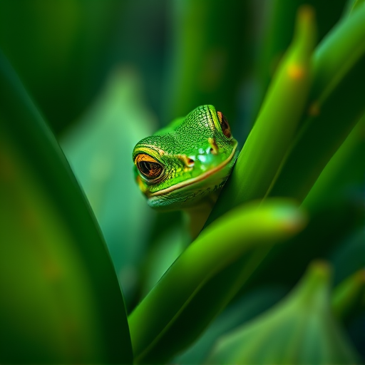 capture a close-up of a green lizard peeking through lush green leaves, use a DSLR camera with a 50mm lens, aperture set to f/2.8 for a shallow depth of field, ISO 100, natural lighting, and a shallow focus to enhance details on the lizard and soft blur in the background