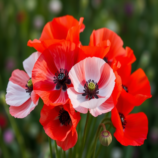 Generate a high-resolution image of a bouquet of red and white poppy flowers, using a Canon EOS R5 camera with a 50mm f/1.2 lens, aperture set to f/2.8, ISO 100, natural lighting, and a soft focus background to enhance the vibrancy of the flowers.