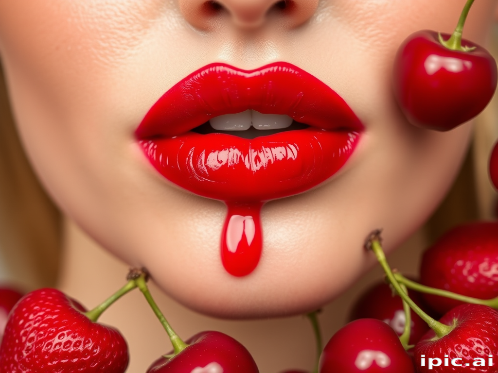 Sheer cherry red lip oil "Juicy Crush" with a glossy, wet-look finish and nourishing fruit extracts, perfect for a fresh-faced and youthful appearance, hydrating and plumping