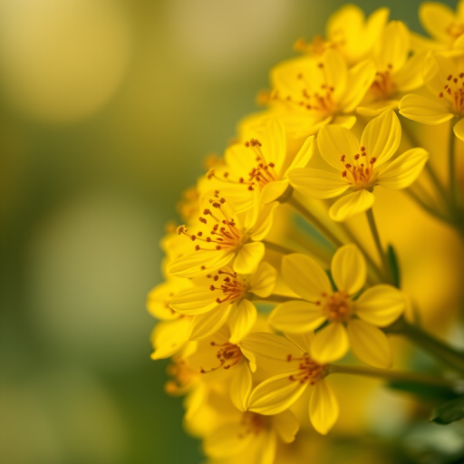 macro shot of a cluster of vibrant yellow flowers with soft bokeh background, ISO 100, f/2.8 aperture, 50mm lens, natural light, DSLR camera, shallow depth of field