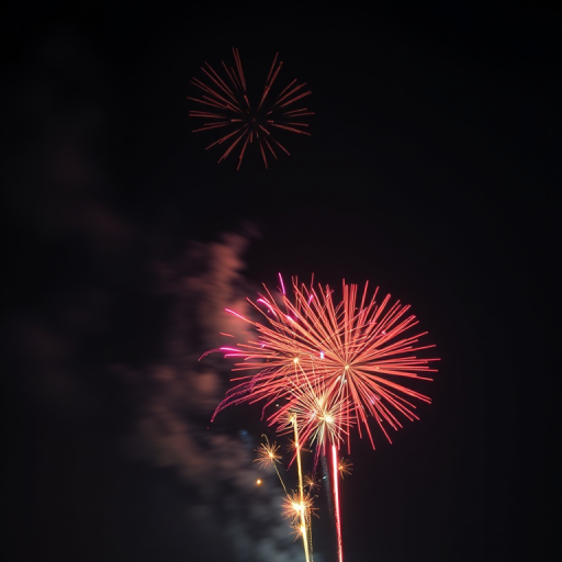 fireworks display in a night sky, vivid colors and sparkling effects, captured with a DSLR camera, 24mm lens, f/8 aperture, ISO 100, 1/125 second exposure, shot from a low angle to emphasize explosion heights and enhance image quality
