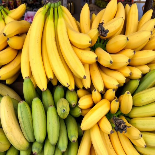 a vibrant display of ripe yellow bananas and unripe green bananas stacked together in a market setting