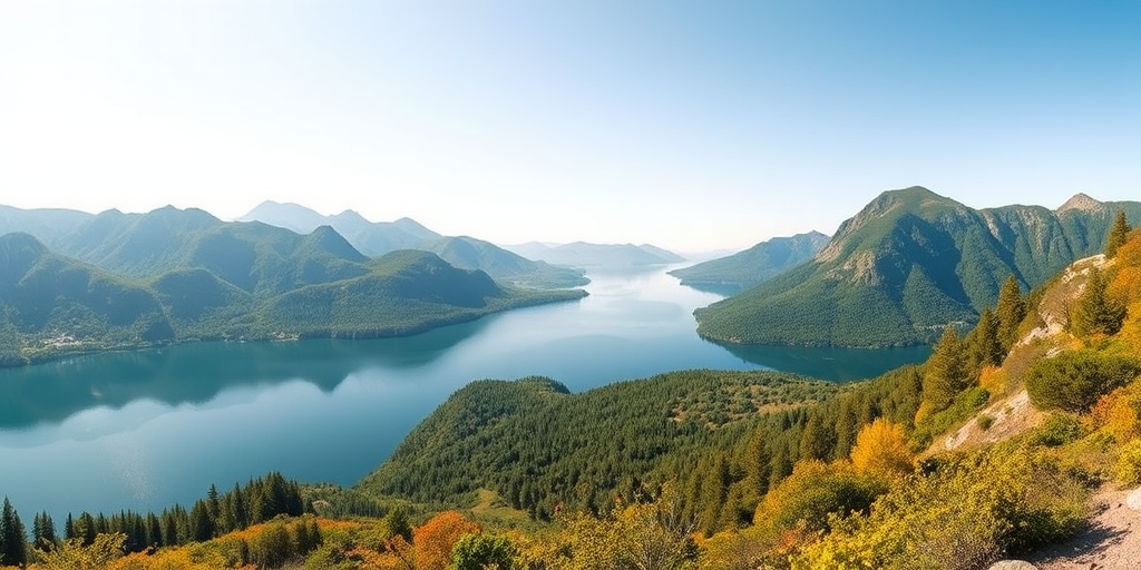 capture a panoramic view of a serene lake surrounded by lush green mountains showcasing vibrant colors in bright sunlight, taken with a Canon EOS R5, 24mm lens, aperture f/8, ISO 100, shutter speed 1/200s, using landscape mode for optimal depth of field and clarity