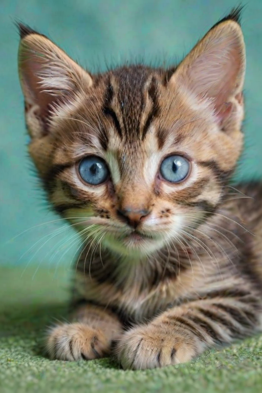 a close-up of a small tabby kitten with blue eyes lying on a soft green surface, looking directly at the camera with a calm expression