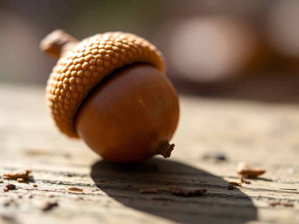 macro photograph of an acorn on a wooden surface, shallow depth of field, natural light, f/2.8, 100mm lens, ISO 200, taken with a DSLR camera, focus on the acorn with a blurred background for enhanced detail and softness