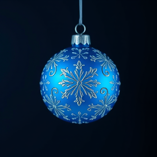 Create a high-resolution image of a blue Christmas ornament with intricate floral and snowflake designs, suspended against a dark background, using a DSLR camera with a 50mm lens, f/2.8 aperture, ISO 100, and a softbox light to enhance detail and shadows.