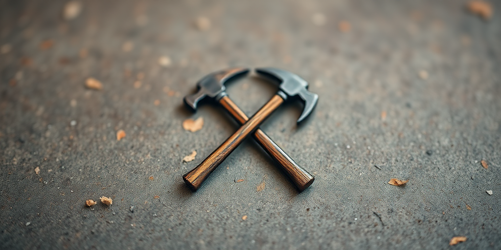 Create a high-resolution image of a crossed hammer and pickaxe logo on a textured background, using a Canon EOS R5 camera with a 50mm f/1.8 lens, aperture set to f/4, ISO 100, natural lighting, and a shallow depth of field for a professional look.