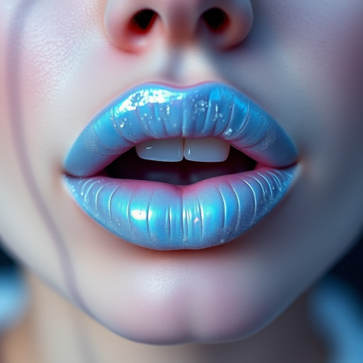 Ethereal Moonbeam Frost showcases iridescent pale blue lips with a frosted finish, evoking a mystical and otherworldly appearance ideal for avant-garde fashion shoots.