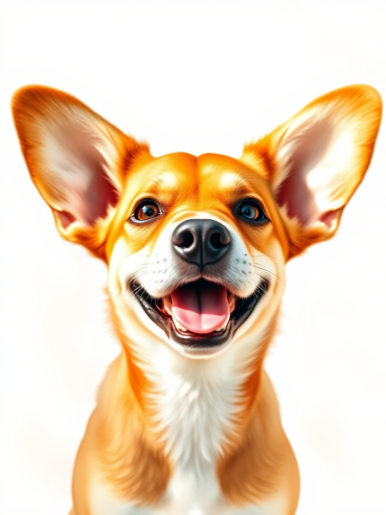 Create a high-resolution watercolor illustration of a happy dog with large ears and a friendly expression, using natural light for a soft, warm effect, shot with a Canon EOS 5D Mark IV, 50mm lens, aperture f/2.8, ISO 100, in portrait mode.