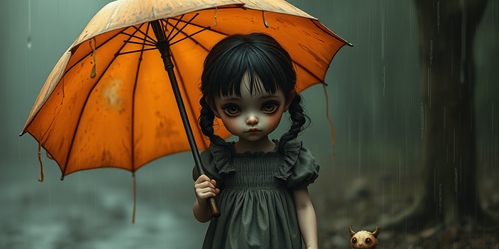 An eerie, weird little girl with dark hair in thin pigtails, wearing a smock dress, standing in the rain, holding a dirty orange umbrella, a small, odd creature beside her. In a surreal style inspired by Nicoletta Ceccoli and Brian Froud. Dark fantasy themes